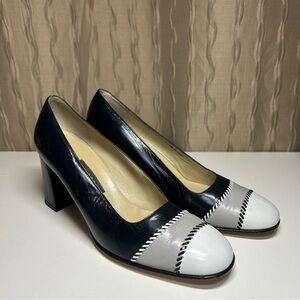 Bally Pilina Women's 6 Switzerland Dark Navy Gray Black White Block Heel Pumps